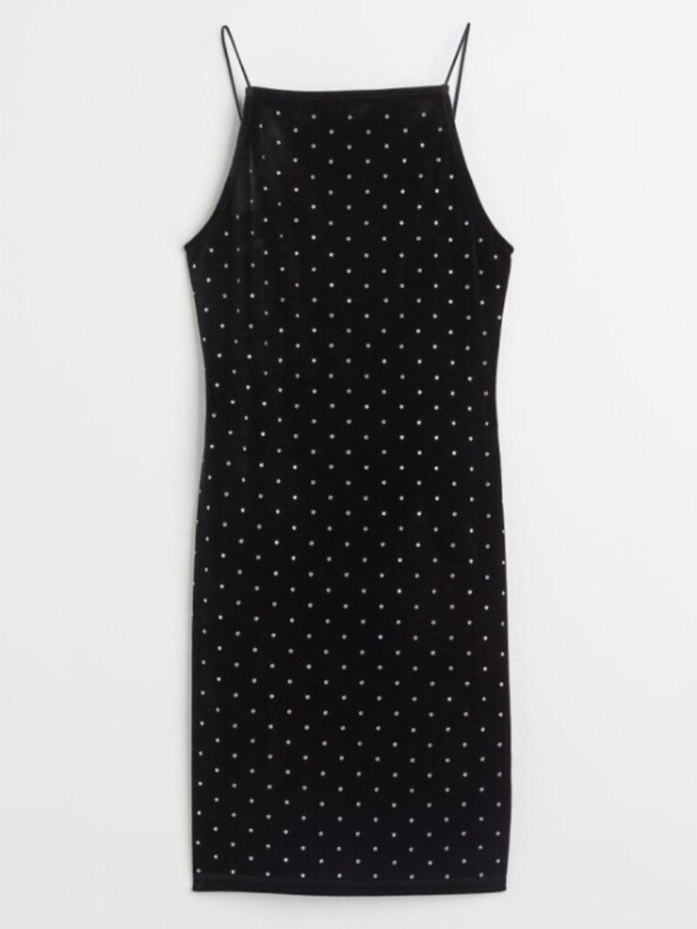 H&M Black Velvet Rhinestone Square Neck Cami Bodycon Mini Dress